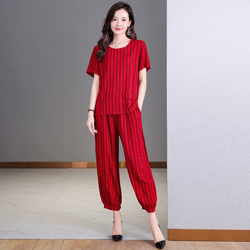 

Summer Two Piece Women Outfits 2023 New Elegant Middle Aged Women's Clothing Casual High Waist Pant Sets Female Blouses