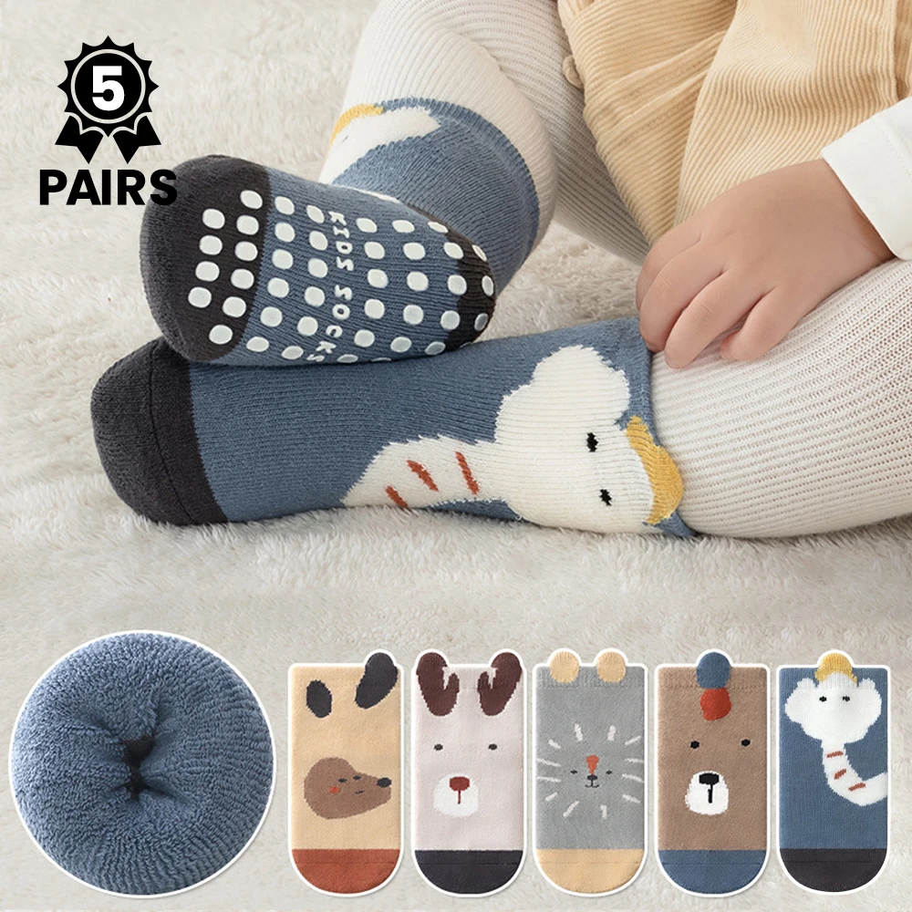 5 Pairs Thick and Warm Adhesive Baby Socks, Kids Non-Slip Woolen Circular Socks, Suitable for Wearing in Autumn and Winter
