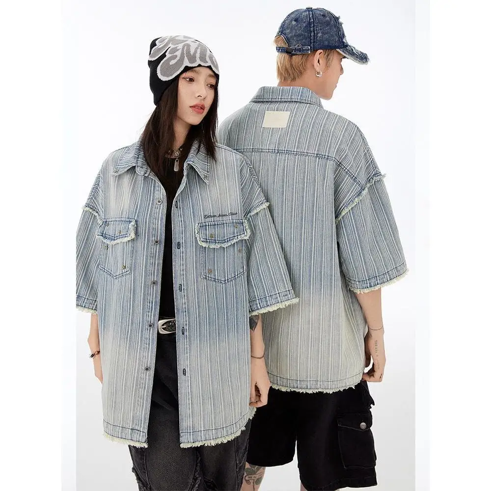 

Retro Washing And Old Denim Short-Sleeved Shirt Summer Men'S And Women'S Trendy Brand Design Sense Casual Striped Top