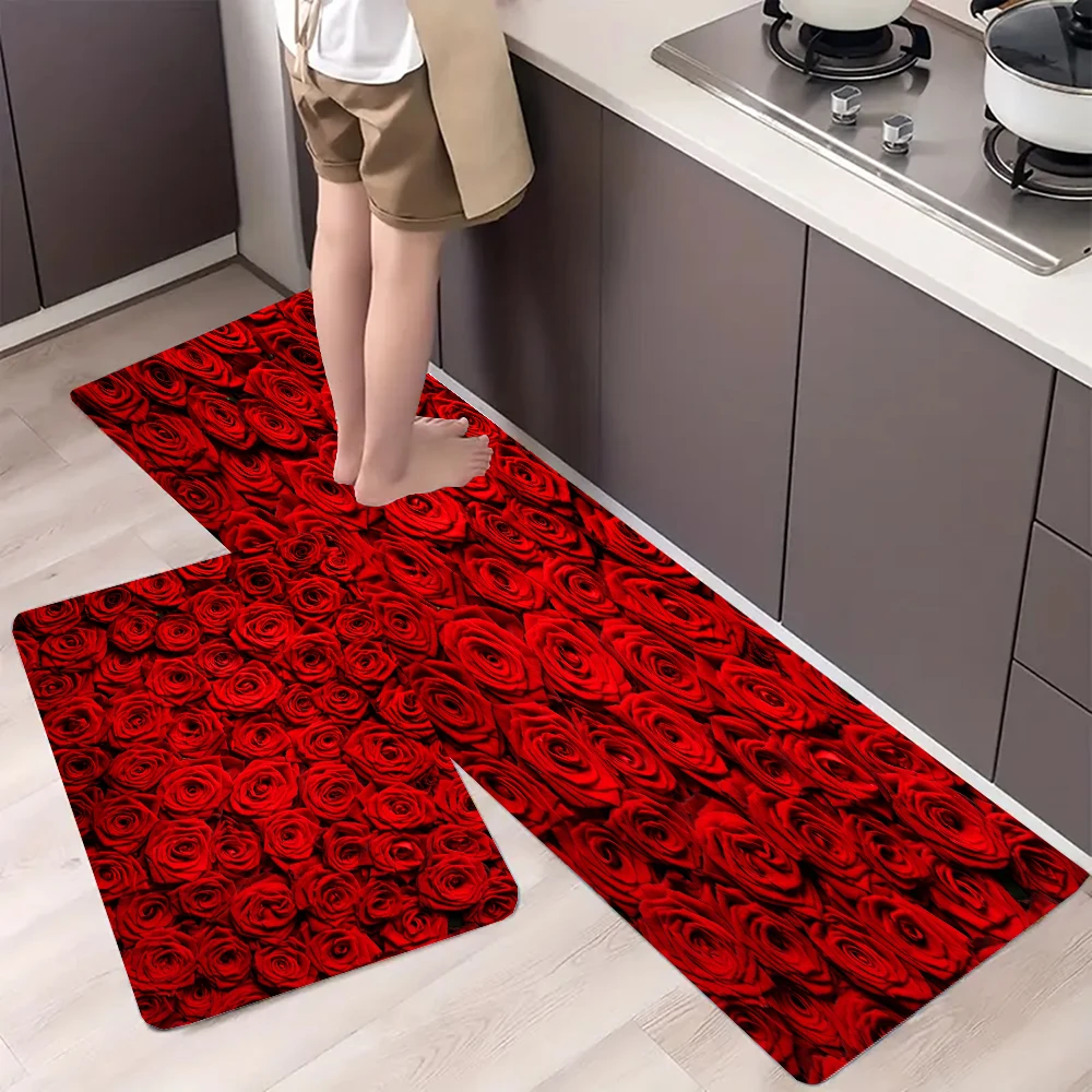 Rose Flowers Kitchen Mat Long Strip Bedroom Entrance Doormat Home Floor Decoration Living Room Carpet Bathroom Non-Slip Rug