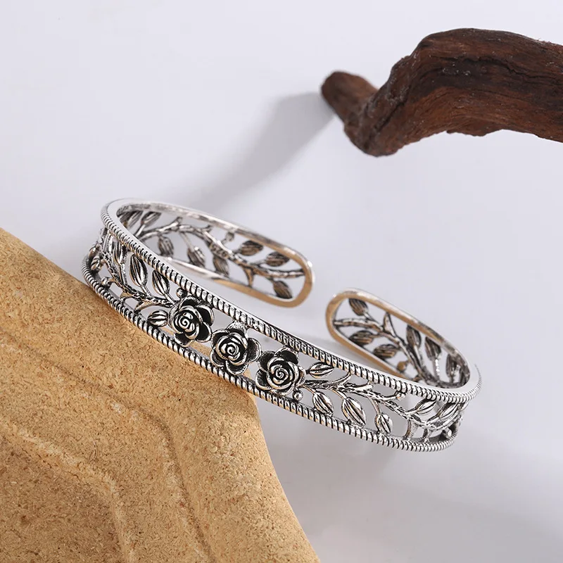 New Retro Rose Leaf Hollow Bracelets 925 Sterling Silver Jewelry Temperament Personality Sweet Flower Opening Bangles TYB119