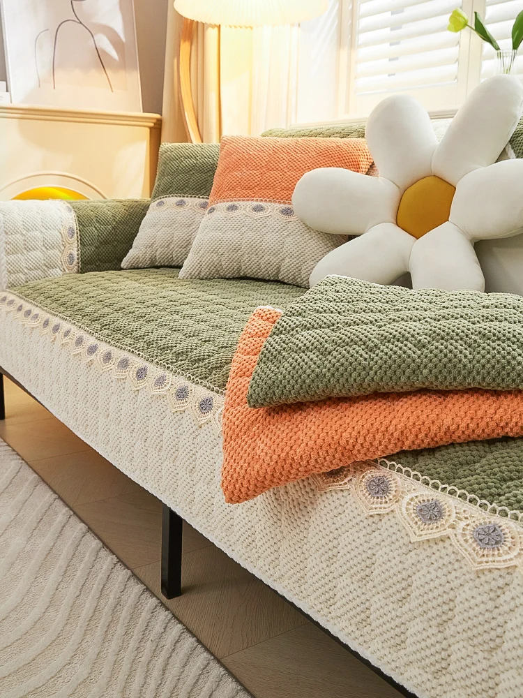 

Thickened Corduroy Sofa Cushion Winter Non-Slip Cover All-Season Avocado Green Modern Simple Style Sofa Pad Heat Insulation