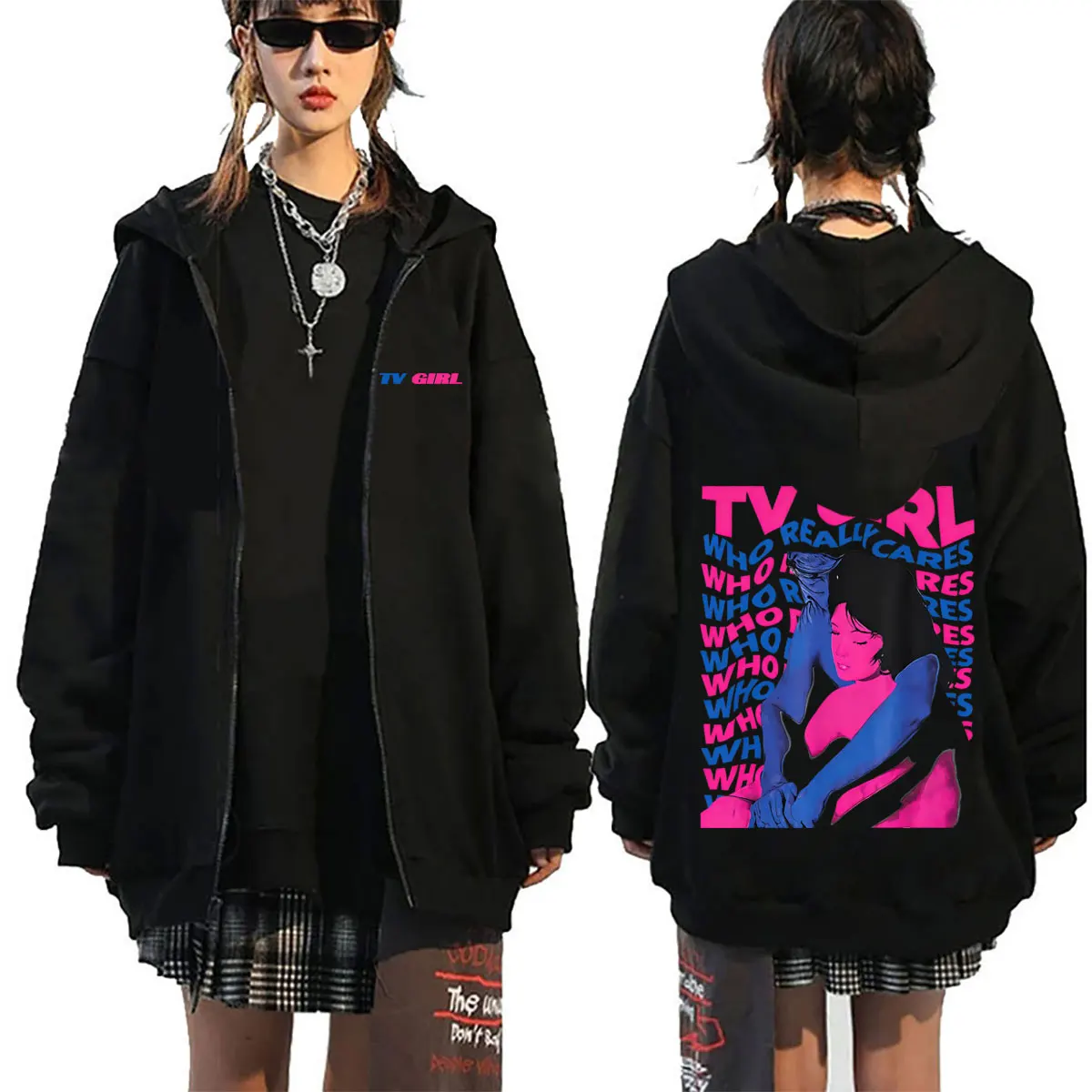 

TV Girl Who Really Cares Zipper Hoodie Men Women Vintage Gothic Oversized Zip Up Jacket Men's Fashion Casual Zip Up Sweatshirt