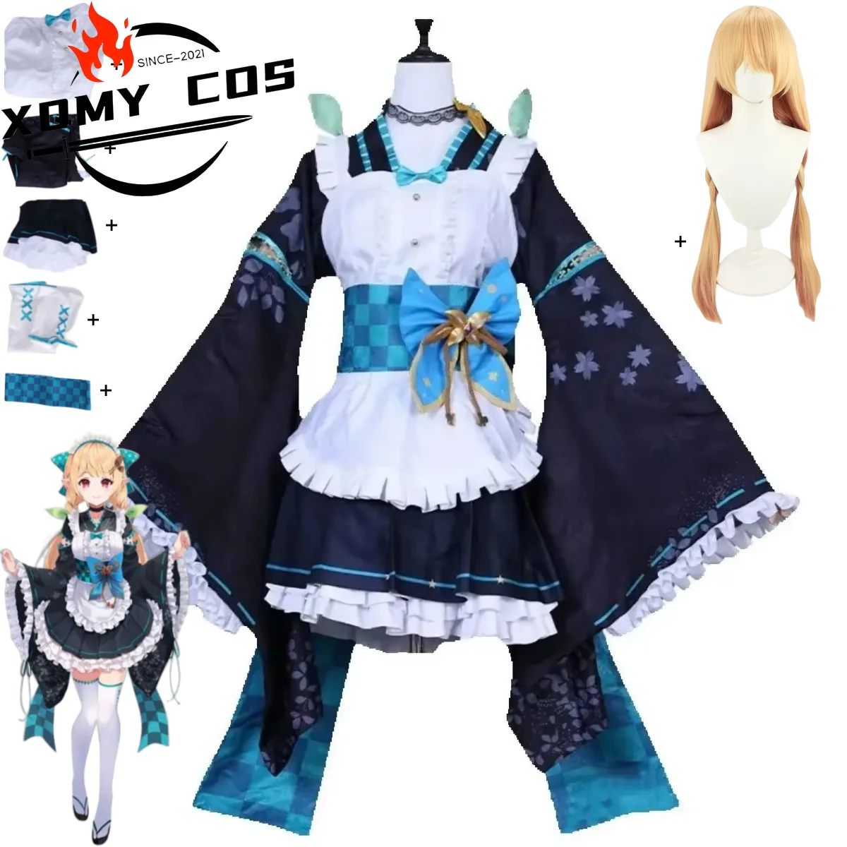 

XqAnime Virtual Idol Pomu Rainpuff Косплей Костюм Nijisanji En Lazulight Member Одежда горничной Платье Парик Женский Милый праздничный костюм