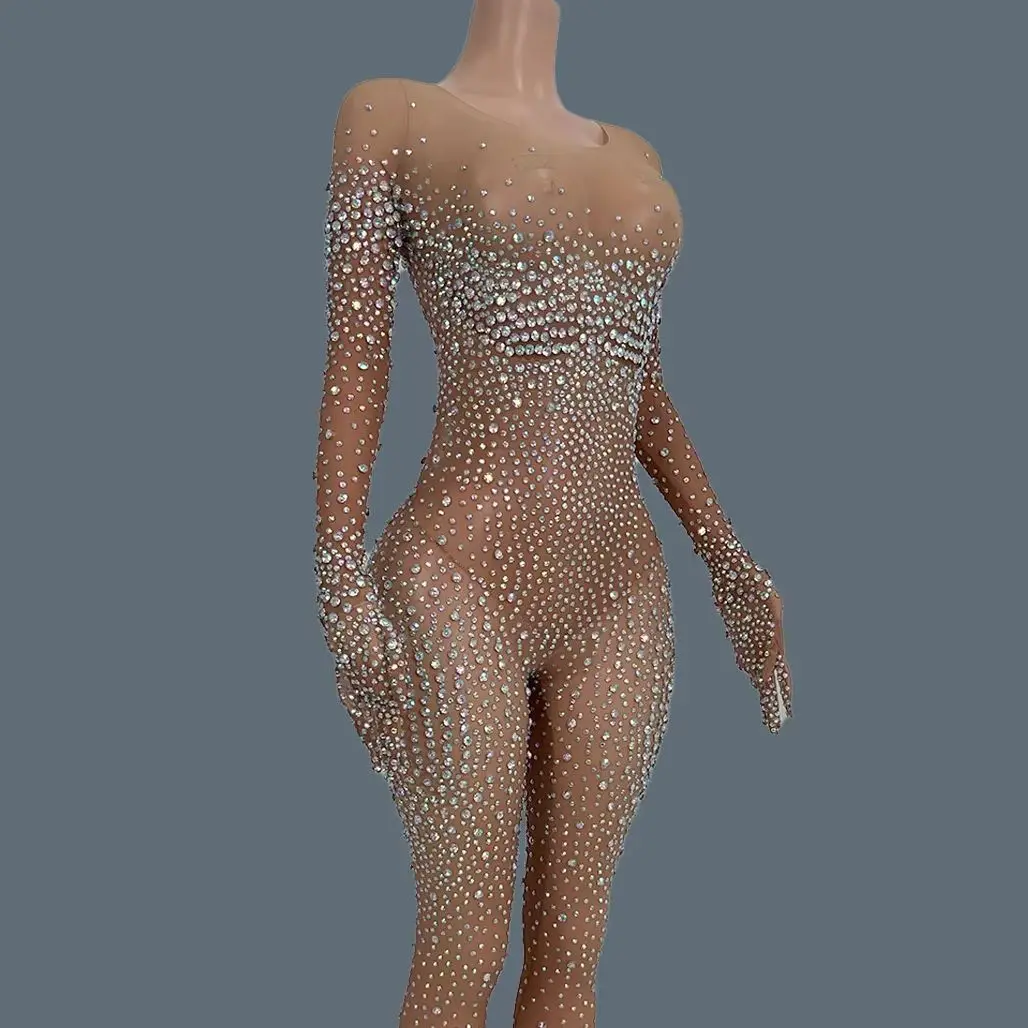 

Flashing Rhinestones Halloween Jumpsuit with Gloves Sleeve Women Sexy Mesh Dance Costume Nightclub Stage Outfit Tiaotiaotang