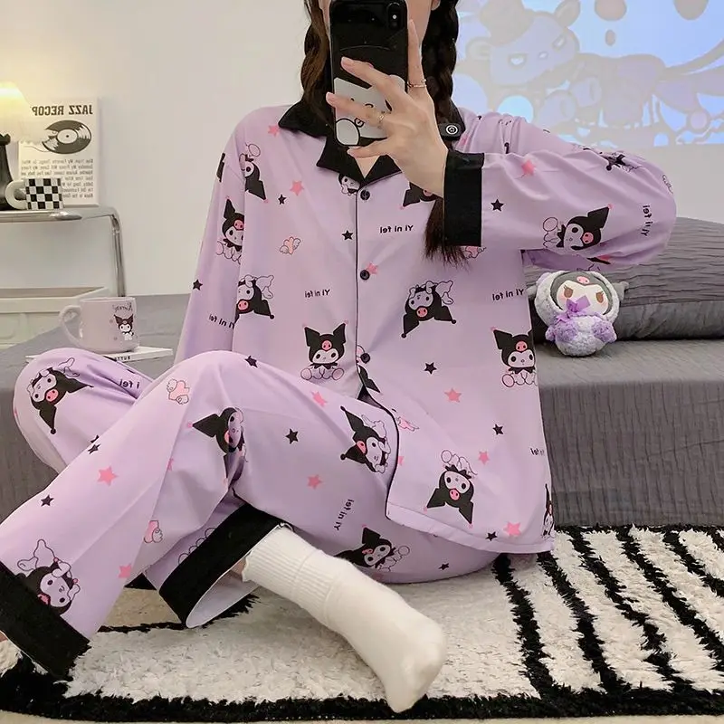 

Sanrio новые милые стильные пижамы Kuromi, пижамы с принтом, женские весенне-осенние брюки с длинными рукавами, свободная домашняя одежда для отдыха, новинка