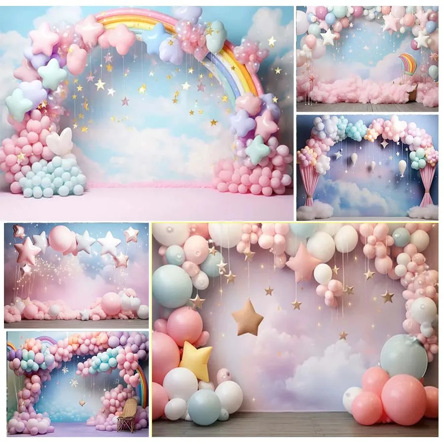 Pink Balloons Backdrop with Pastel Clouds Stars Kids Baby Photography Child Birthday Cake Smash Photocall Rainbow Backgrounds