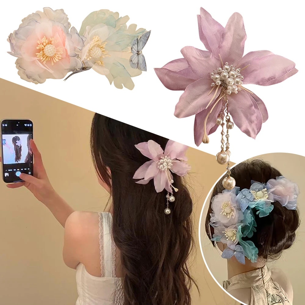 مع شرابات اللؤلؤ زهرة مشبك شعر الانفجارات الجانبية كليب إكسسوارات الشعر مخلب الشعر مناسبة عطلة الشاطئ الأطراف الرومانسية