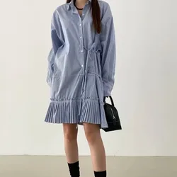 Women's Summer Casual Mini Shirt Dress Full Sleeve Lacing Up Pleated Short Straight Sundress Female 2024