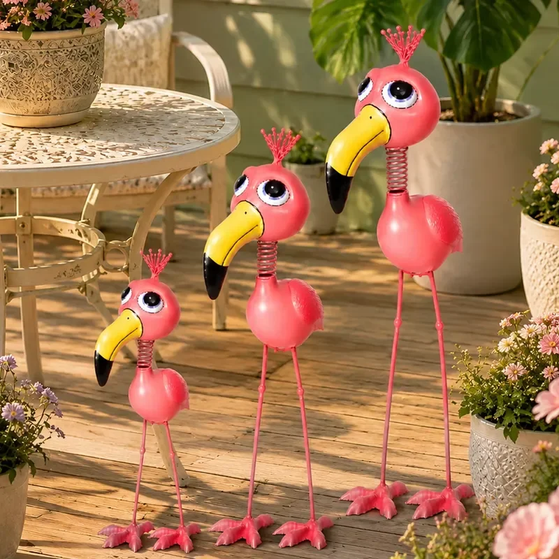 Metal Flamingo Garden Statue Set 3 Sizes Weather Resistant Outdoor Yard Decoration