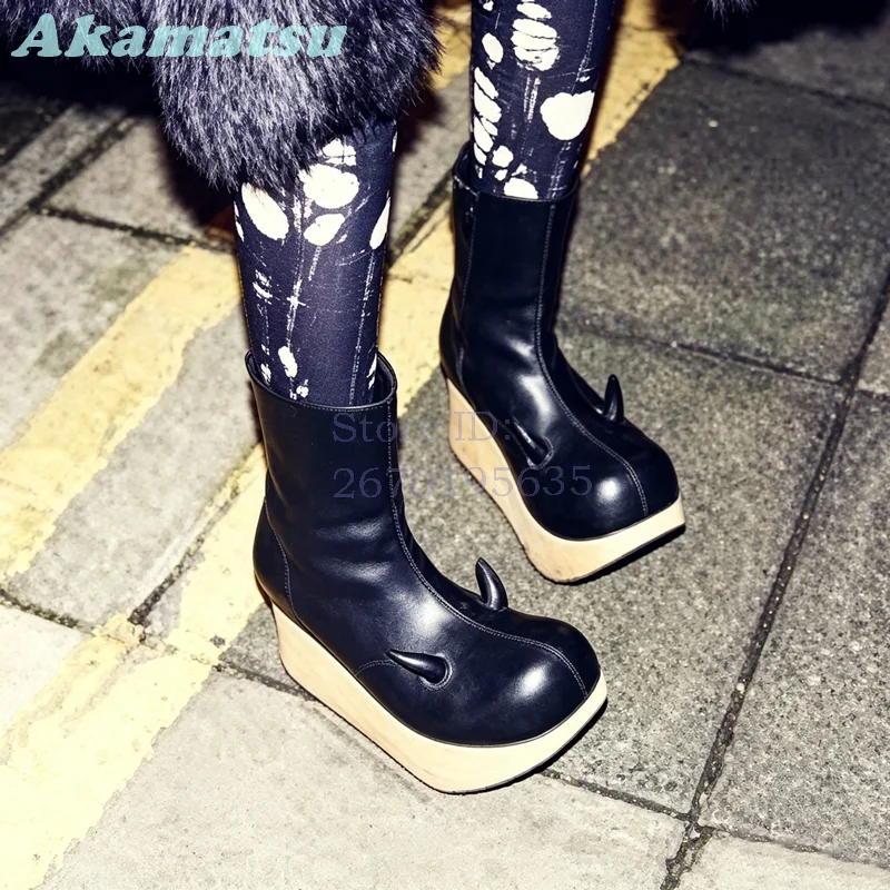 Black Devil Horn Platform Ankle Boots Wood Wedges Side Zipper Punk Goth Mid Calf Boots 2026 New Halloween Novelty Women Shoes
