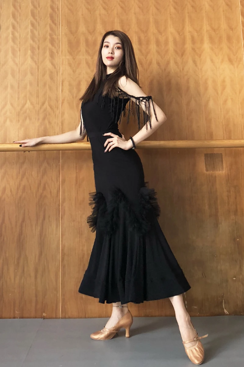 Damska czarna bluzka do ćwiczeń tańca latynoamerykańskiego, wyszczuplająca, z frędzlami, dla dorosłych i dzieci, do tanga, cha cha, samby, odzież treningowa.