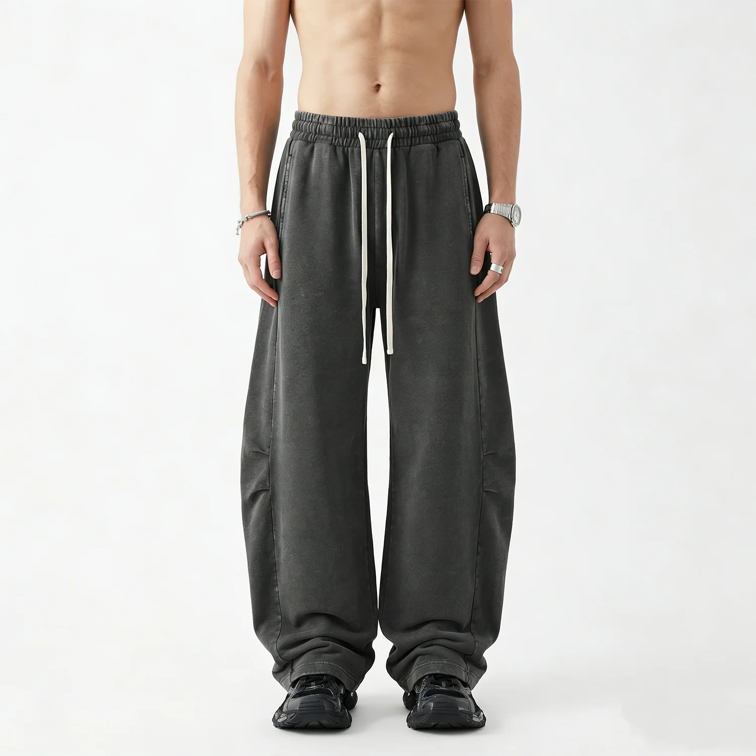 

Vintage Snow Wash High Street Fashion Cargo Casual Curved Pants Men Retro Baggy Loose Straight Lantern Trousers Draped Effect