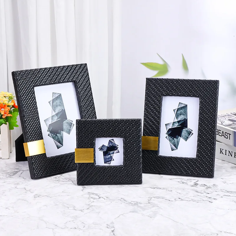 Modern Fashion Inlaid Metal Leather Covered Wood Picture Frame Tabletop Set Table Wedding Birthday Party Gift