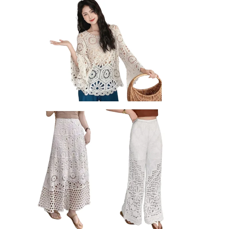 

Elegant Vintage Lace Blouse With Flared Sleeves And Hollow Out Crochet Loose Shirt Long Skirt Round Neck Casual Top Women Girls