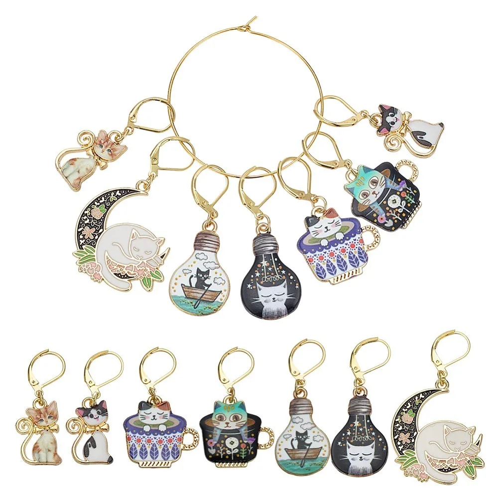 14-pecas-7-estilos-marcadores-de-ponto-com-pingente-de-gato-em-liga-esmaltada-e-fechos-de-brinco-de-alavanca-em-aco-inoxidavel-304-cores-sortidas