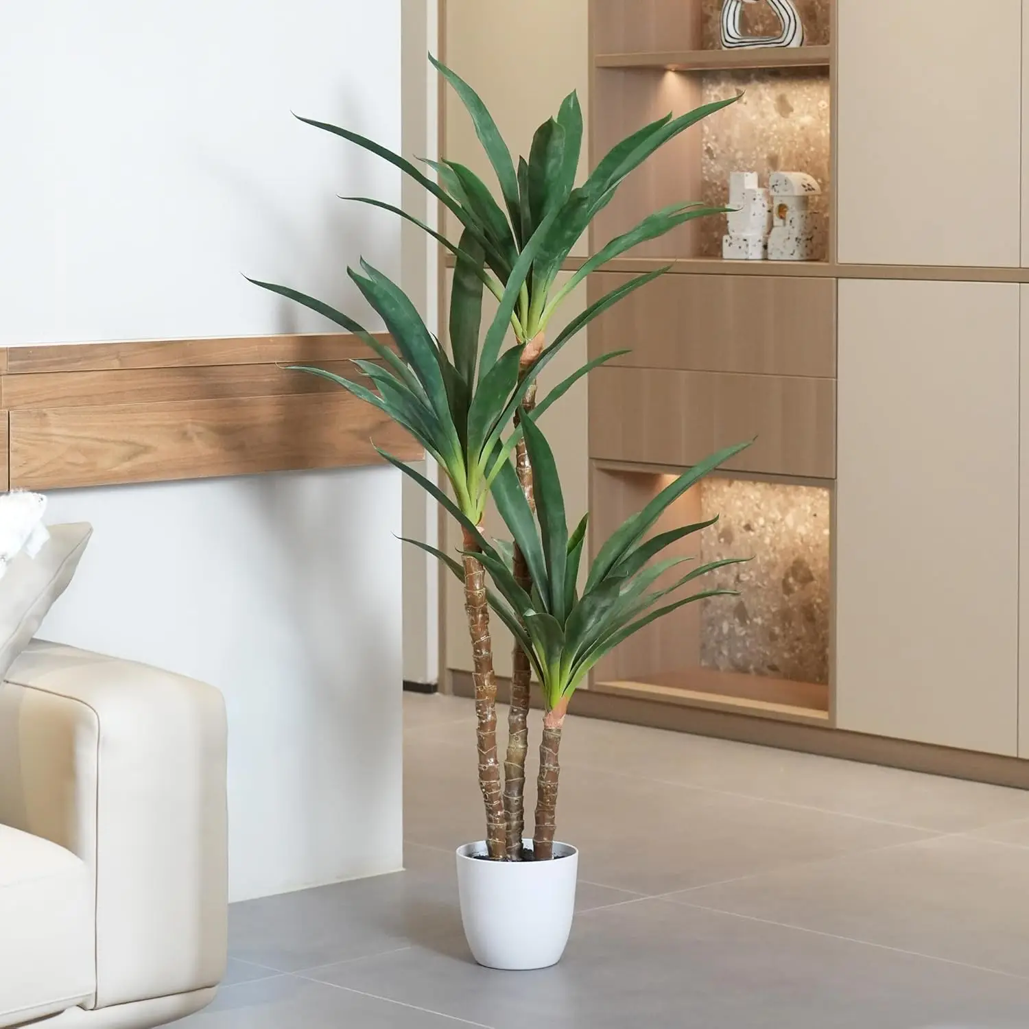 شجرة الصبار الصناعية بطول 4.7 قدم - نبات صناعي مع 3 رؤوس في وعاء بلاستيكي للديكور الداخلي/الخارجي وهدية الانتقال لمنزل جديد