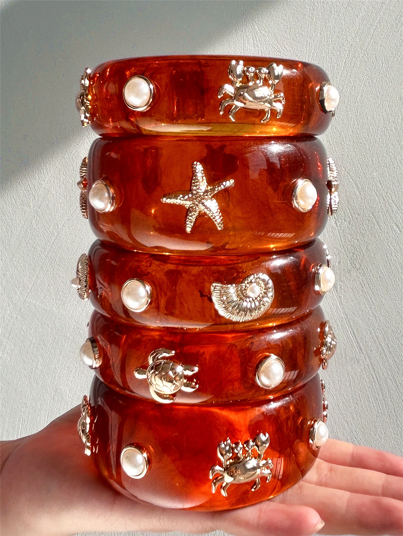 HUANQI Dramatic Brown Amber Gradient Starfish and Turtle Bracelet Ocean-Inspired Vintage Women's Fashion Jewelry new