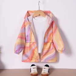 Toddler Girl Spring and Autumn Jacket Casual Fashion Hooded Zipper Jacket Rainbow Strip Pattern Daily Wear