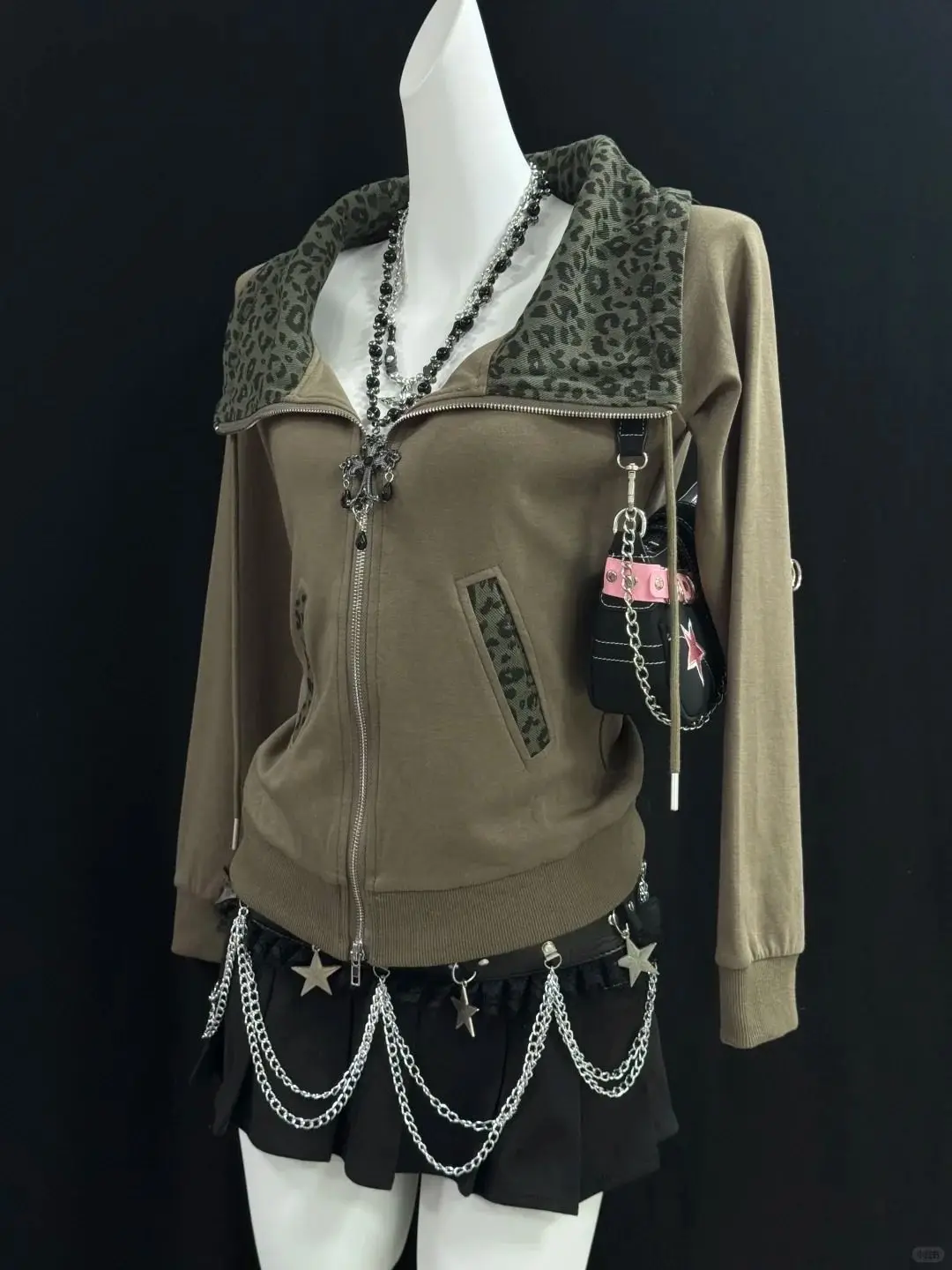 

Onalippa 2025 New Style Leopard Print Patchwork Coat Autumn Winter Women Vintage Slim Fit Waist Cinching Slimming Hoodie Top