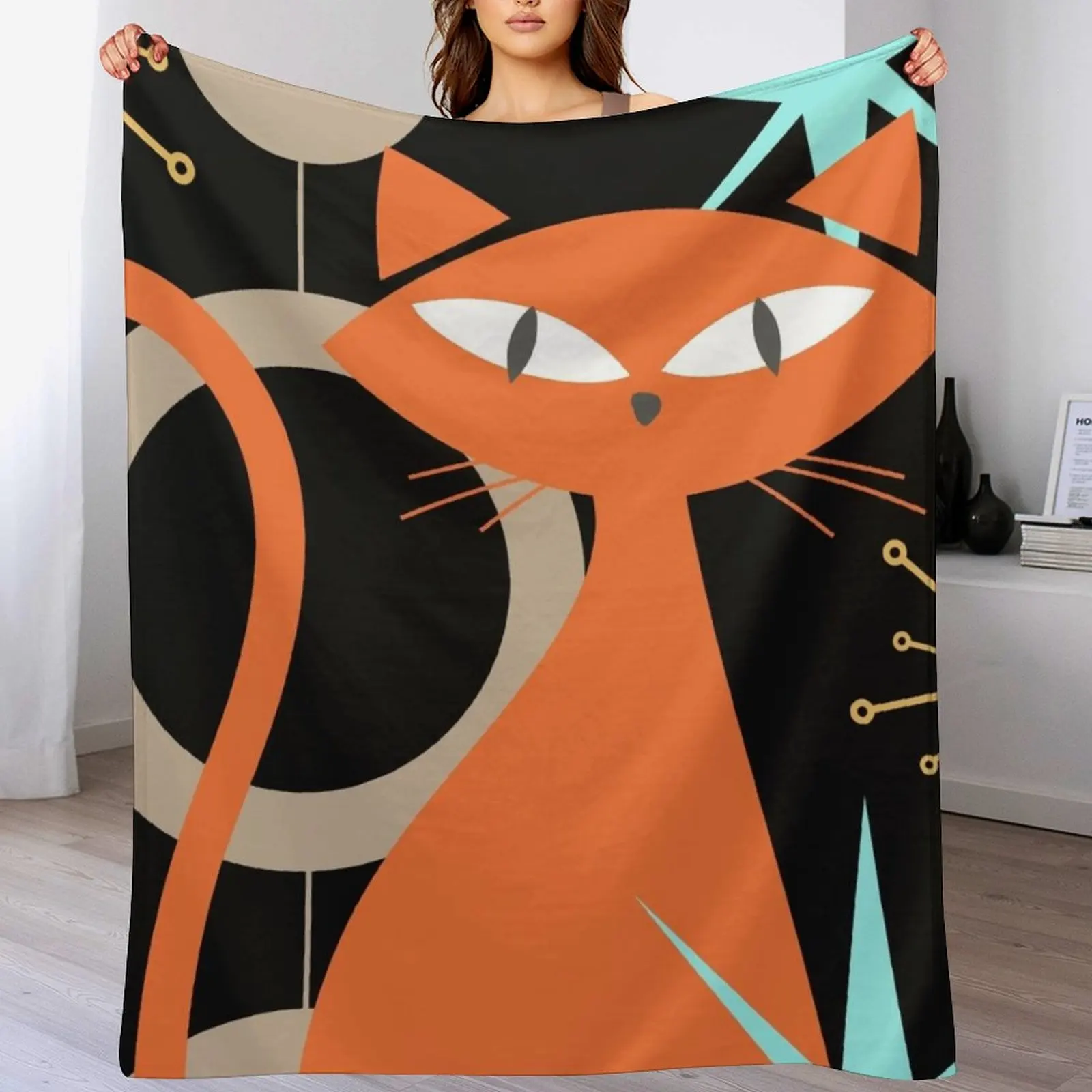 mid century modern, atomic cats, atomic cat, 1950a??s, kitty, popular cat design, atomic starbursts, starburst, di Throw Blanket