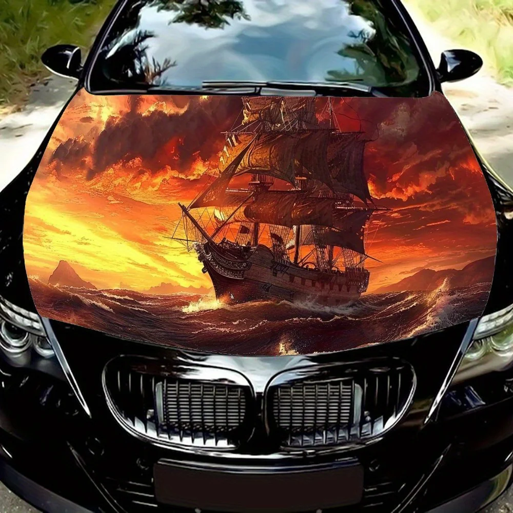 قوارب الشراعية عند غروب الشمس تغليف غطاء السيارة - زخرفة سيارة عالية الجودة ومتينة ومقاومة للماء، خارجيات سيارة مخصصة، حيوان P
