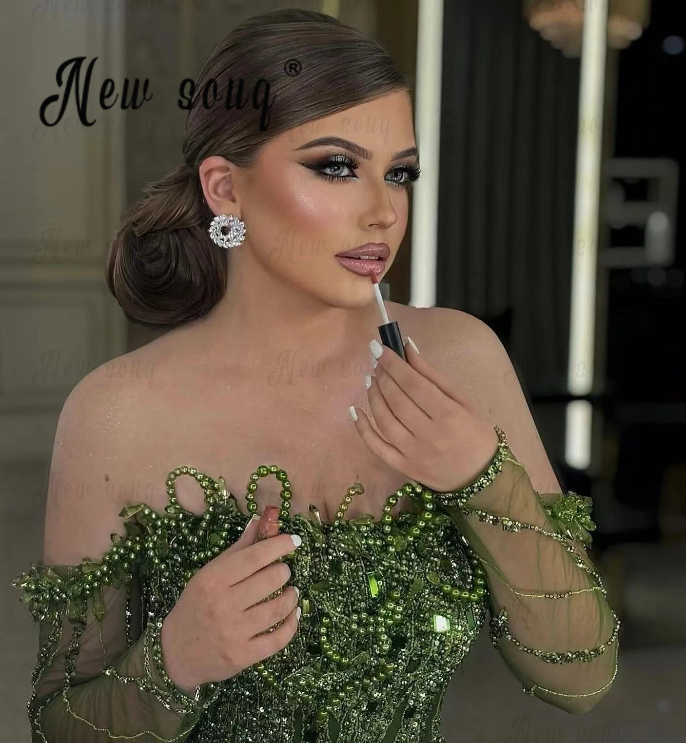 Robe de Soirée Vert Foncé à Col Bateau avec Perles, Invité de Mariage, Bal de Promo, Quelle que soit la Deuxième Réception de Luxe, Dubaï, 2025