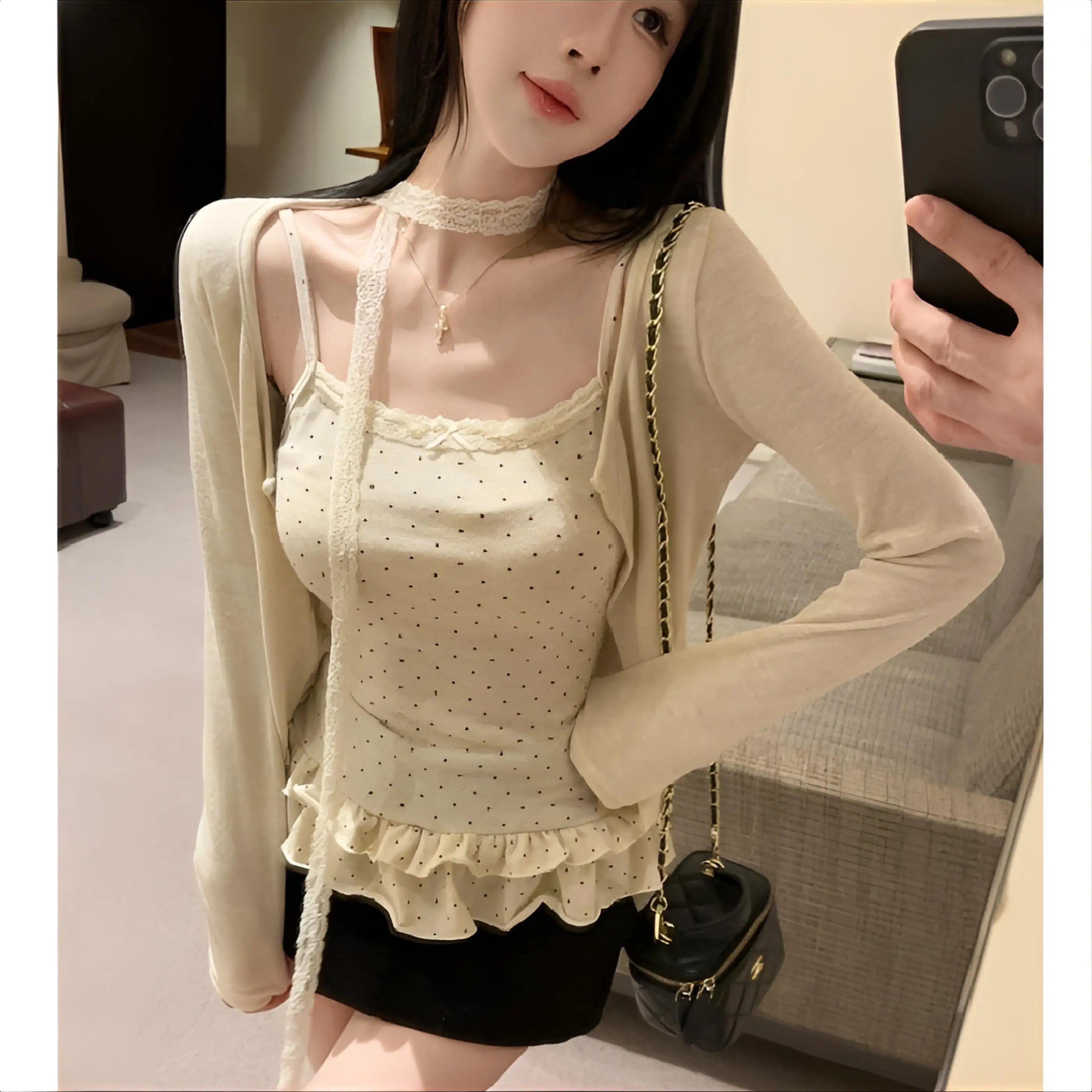 تي شيرت بأكمام طويلة على الطراز الأمريكي للسيدات للخريف بأزرار وطية صدر السترة وجيب مرقع كل مباراة منقوشة طيات عادية مطوي #4