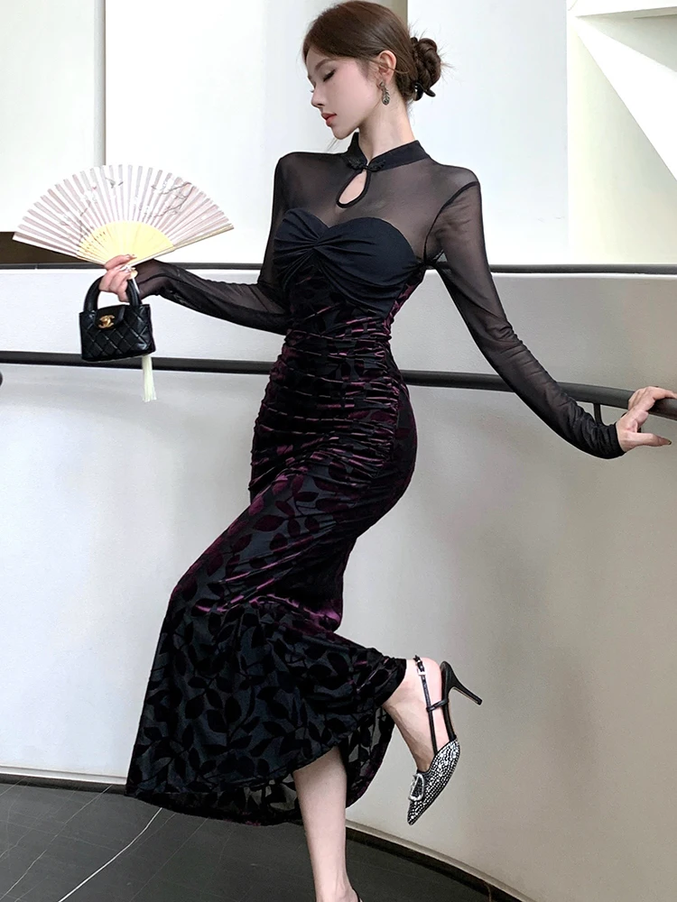 2025 preto jacquard retalhos malha pura sexy vestido longo feminino elegante vestido de noite de luxo outono inverno coreano bodycon vestidos