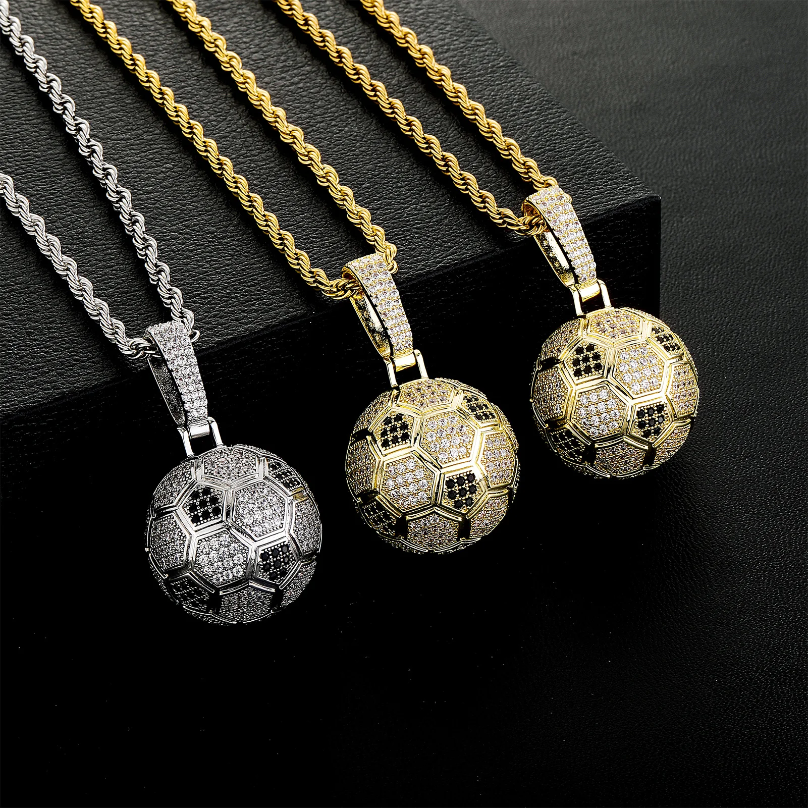 TOPGRILLZ Hip Hop Gold Plated Copper Necklace 3D Soccer Shape Micro Pave CZ Full Pave Twist Chain For Men&Women