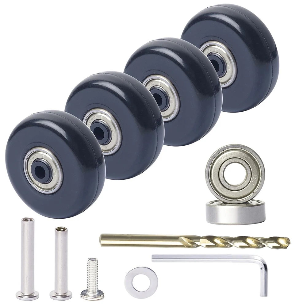 

Luggage wheel kit with 50mm wheels and precision ball bearings including 4 swivel casters for enhanced suitcase maneuverability