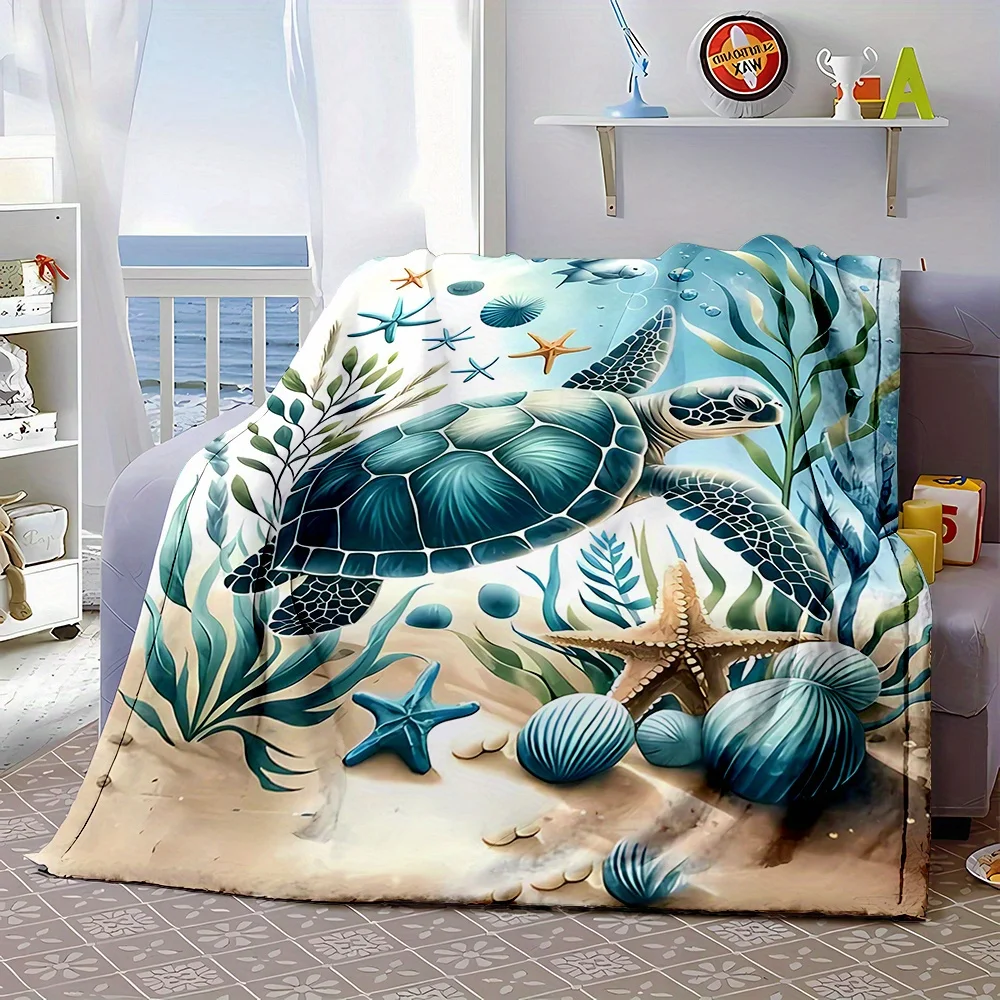 Decorative Ocean Sea Turtle Blanket Throw Coastal Nautical Beach Decor Starfish Undersea Life Tropical Plush Fuzzy Sofa Cover