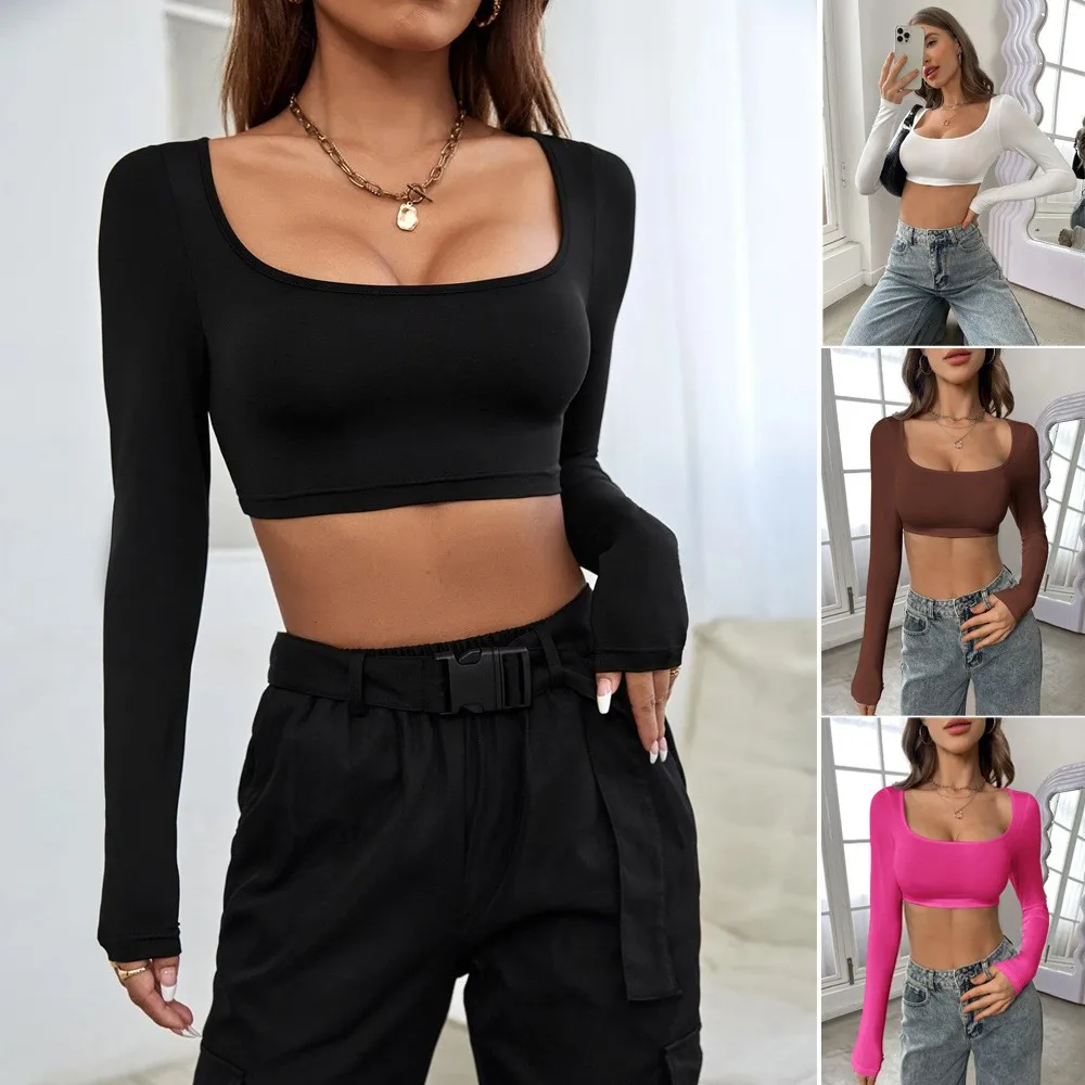 Casual Long Sleeve Top Slim Fit Sexy with Crop Top Private Celebrity Style Pullover Bodysuit Square Neck Wrinkle for Women