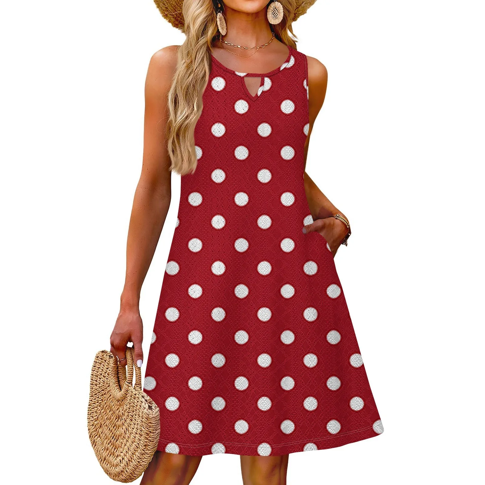 

Women's Stylish Casual Summer Vintage Polka Dot Colour Block Patchwork Dress With Pocket Beach Holiday Vest Dress Vacation Dress