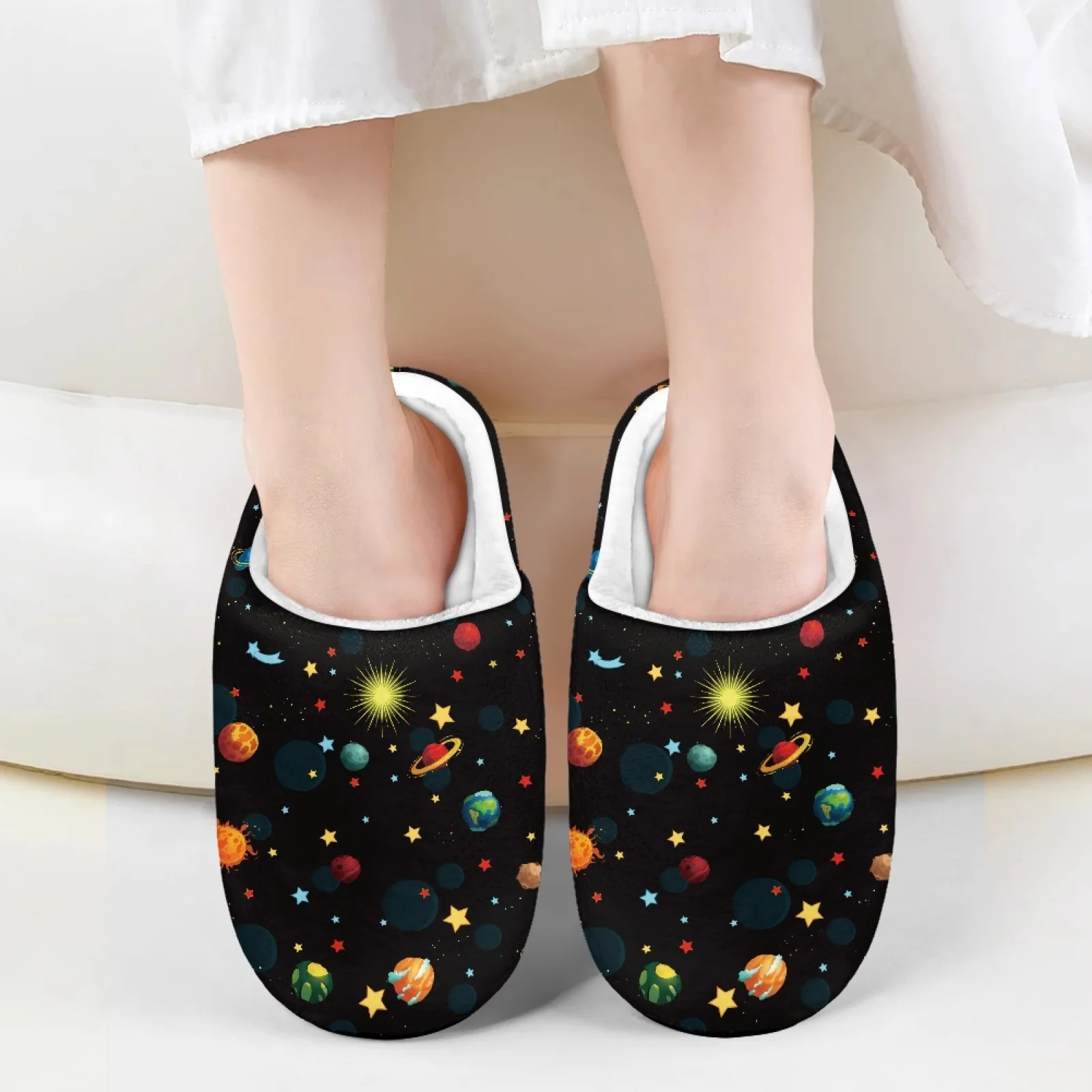 Cartoon Galaxy Planet Winter Home Plush Slippers Kids Half Shoes For Boys Girls Mules Sandals Indoor Bedroom Children Slides