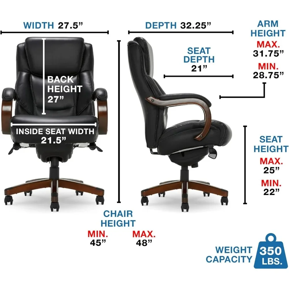 Delano Big & Tall Executive Office Chair, High Back Ergonomic Lumbar Support, Bonded Leather, Black with Mahogany Wood Finish