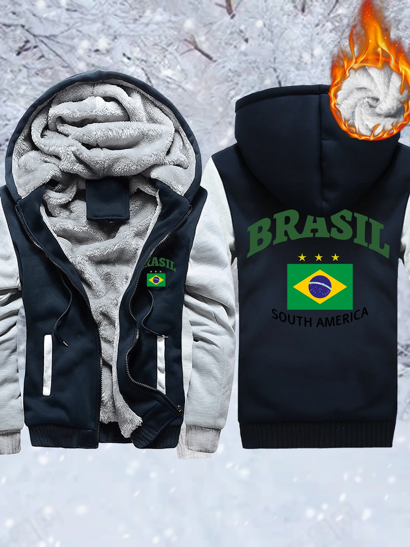 

Brasil South America Printed Mens Fleece Pocket Jackets Comfy Thicken Outwear Winter Zip-Up Hoodie Warm Basics Coat Loose Top