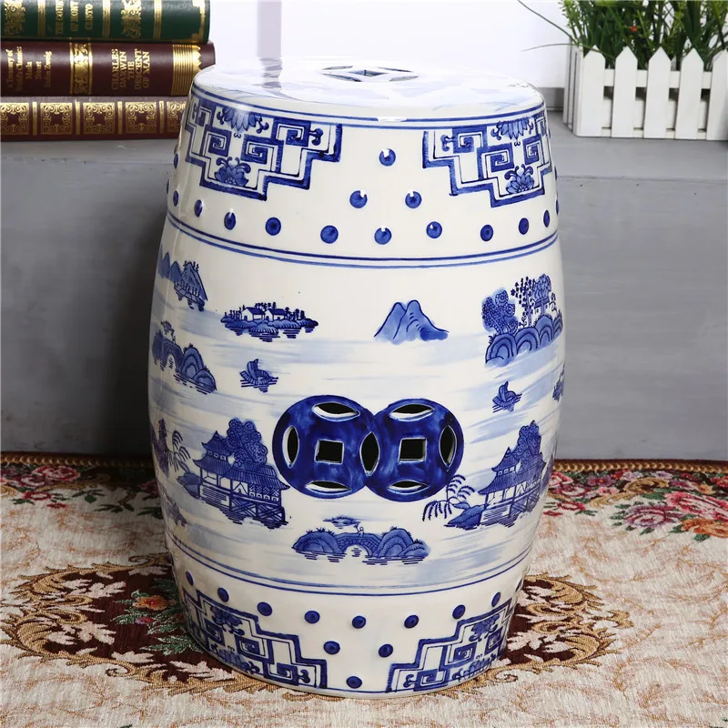 Ceramic Shoe Changing Stool Drum Bathroom Neoclassical Drum Stool Sitting Low Stool Round Designer Furniture Office Footrest