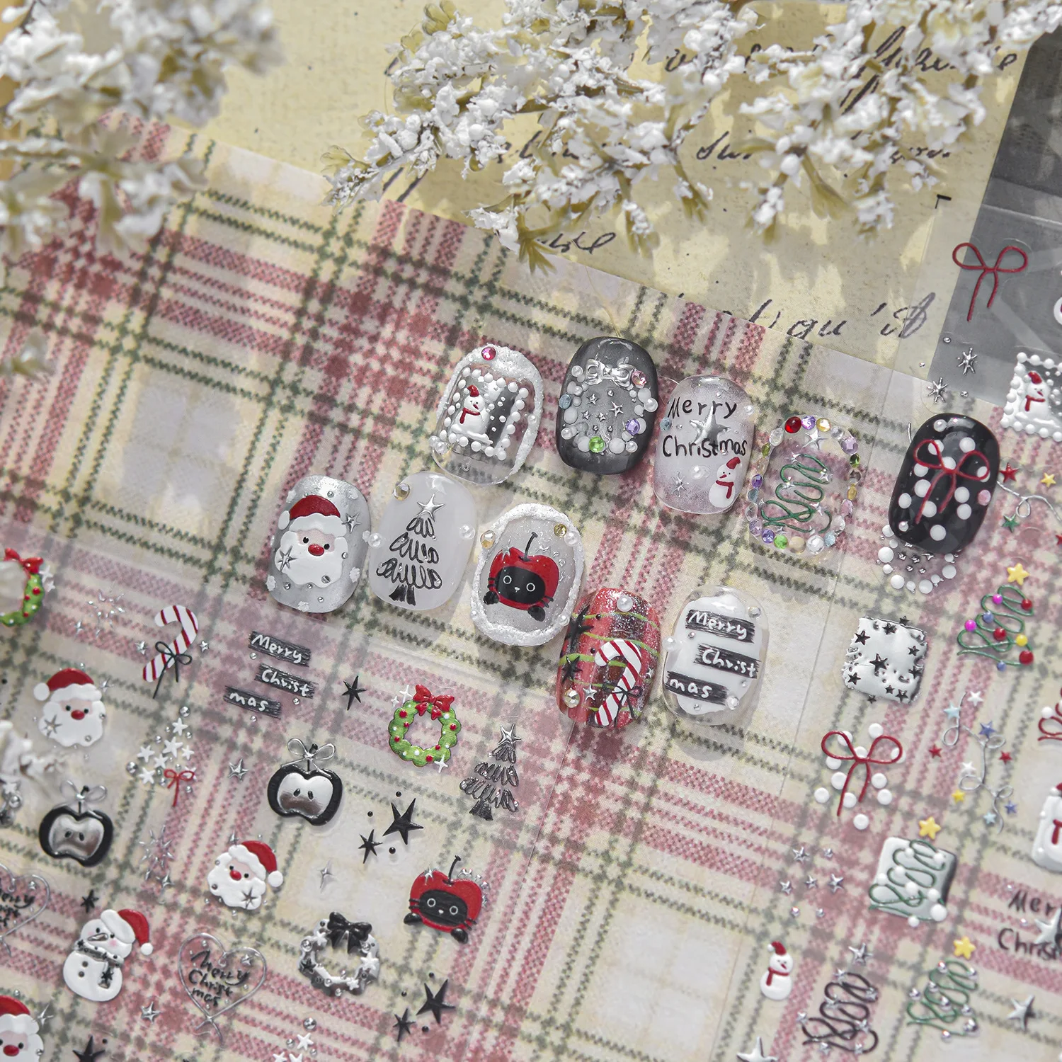 Lovely Christmas 5D Nail Art Stickers Cartoon Snowman Spiral Xmas Tree Bowknot Pearl Wreath Candy Cane Snowflake Manicure Decal