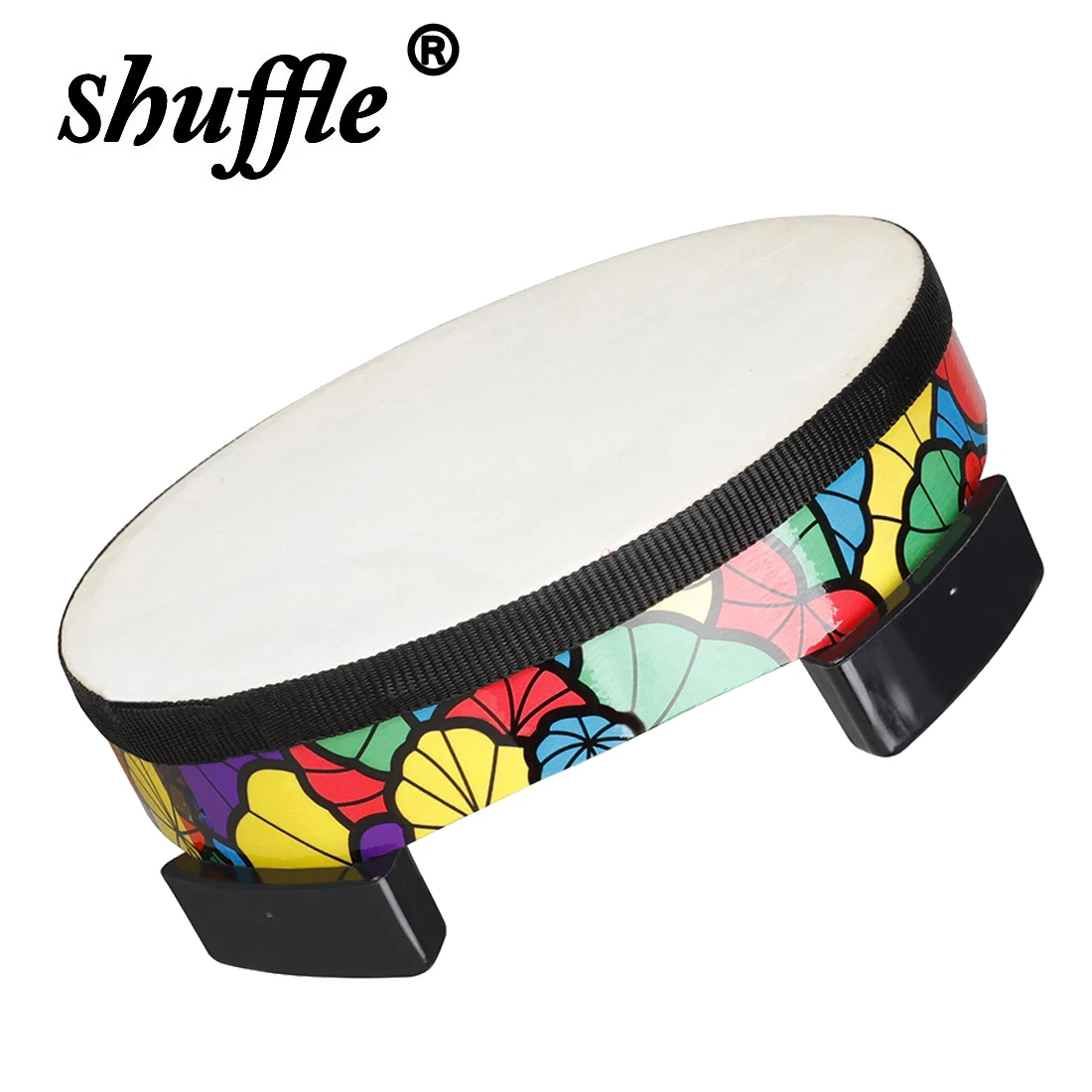 Orff Tamburello Tamburo a terra Pelle di pecora Applique Tamburello Strumento a percussione portatile Tamburo Regalo musicale per bambini Giocattoli