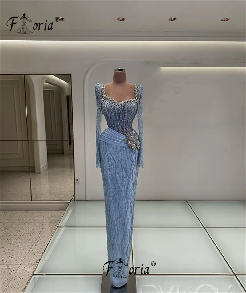 Floria elegant blue floor-length ball gown with bead crystals and long sleeves