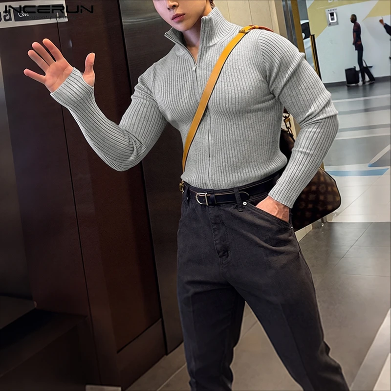 INCERUN Men's Cardigan Solid Color Zipper Long Sleeve Stand Collar Sweaters For Man Knitted Streetwear 2026 Fashion Men Clothes