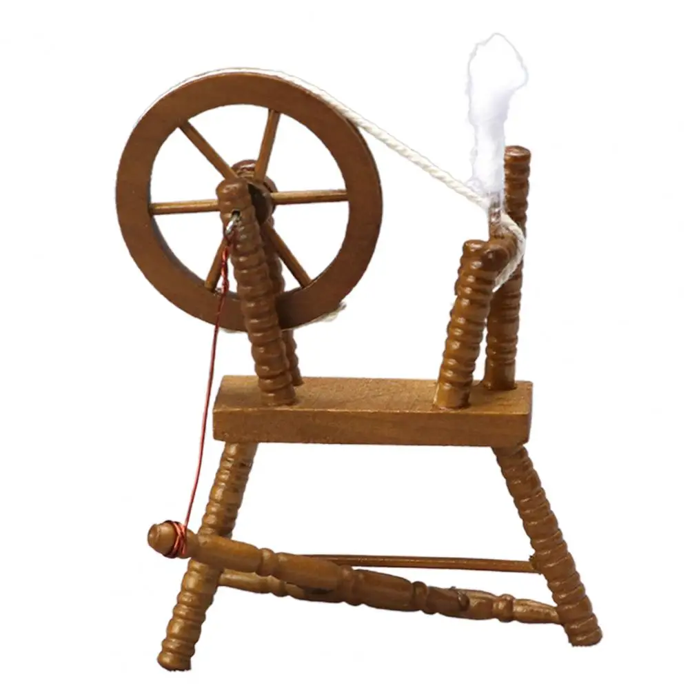 Roue à filer miniature rétro réaliste en bois, modèle de roue à filer marron à l'échelle 1/12, petits ornements