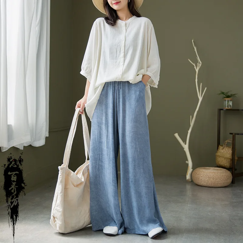 เสื้อเชิ้ตผู้หญิง Nian Bai Xiu Fang: ลายไม้ไผ่ 12 ชิ้น, ผ่านการซักด้วยทราย, คอตั้งนุ่มสบาย สไตล์ลำลอง