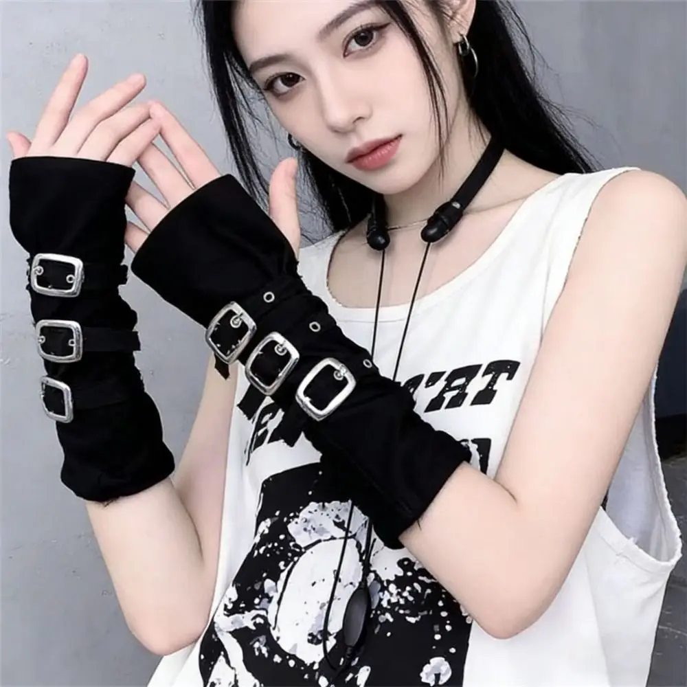 Black Fingerless Gloves Buckle Design Exaggerated Metal Button Gloves Gothic Hip Hop Party Street Dance Gloves Street Dance