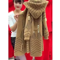 2024 New Autumn Winter Middle Aged Elderly Mother Imitation Mink Velvet Coat Women Long Thicken Hooded Knitted Cardigan Female