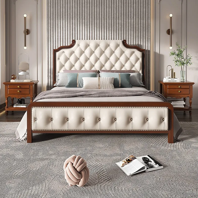 American-style Modern King-size Solid Wood Bed Frame, Vintage Upholstered Double Bed, Bedroom Hotel Furniture
