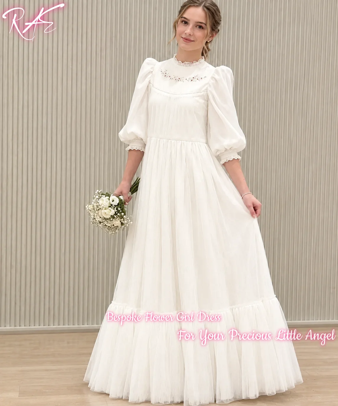 Vintage Flower Girl Dress For Wedding Birthday First Communion A Line Floor Length Tulle Embroidery Puff 3/4 Sleeves Gowns