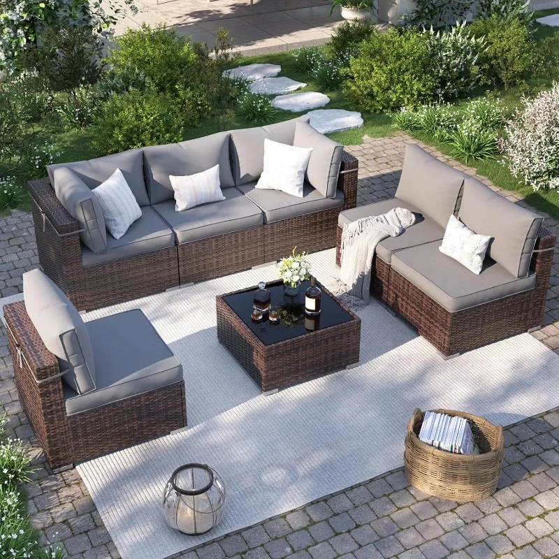 Patio Furniture Set, 7-Piece Outdoor Sectional with Waterproof Cover, All-Weather Wicker Patio Conversation Sets for Backyard