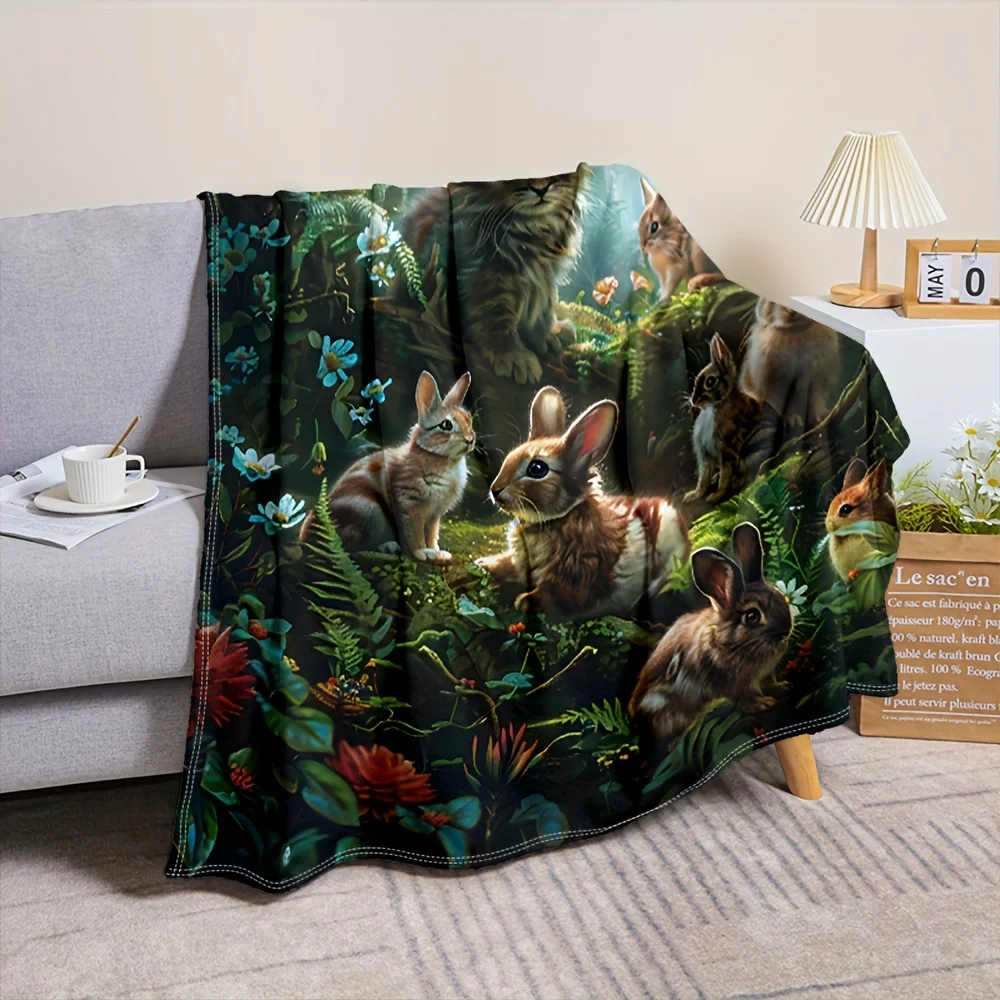 Forest Cat & Rabbit Printed Throw Blanket, Multi‑Purpose Soft Comfort Lap Cover for Sofa, Bed, Home Office and Outdoor Camping